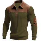 Herren nan gerippter Halbzip-Pullover mit kontrastierenden Lederapplikationen an Schultern und Ellenbogen R&B