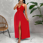 Damen Maxikleid mit tiefem V-Ausschnitt und seitlichem Schlitz R&B