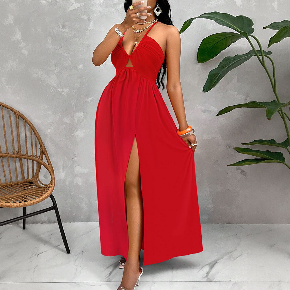 Damen Maxikleid mit tiefem V-Ausschnitt und seitlichem Schlitz R&B