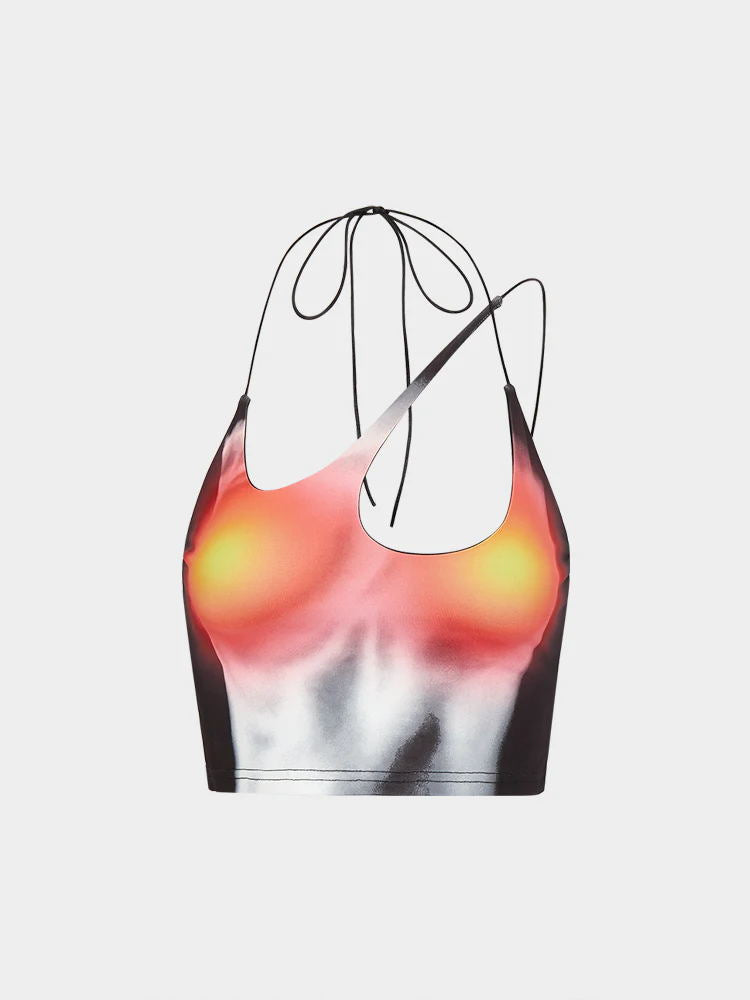 Damen Crop-Top mit asymmetrischem Trägerdesign und lebhaftem Grafikdruck R&B