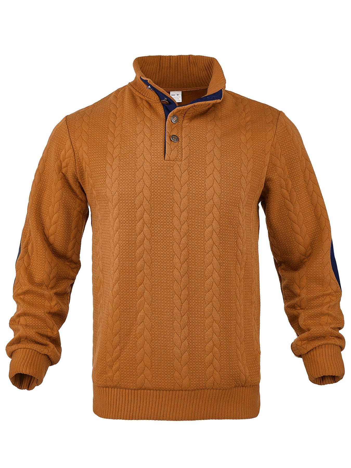 Herren nan Zopfmuster-Pullover mit Stehkragen, halber Knopfleiste und Ellbogenpatches R&B