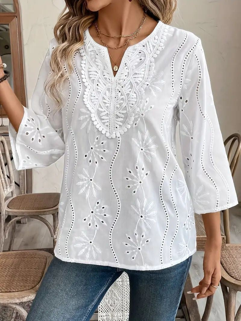 Damen elegante Tambour-Bluse mit floralen Stickereien R&B