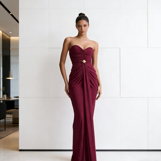 Damen Elegantes Drapeekleid mit schulterfreiem Design und kunstvollem Bund R&B