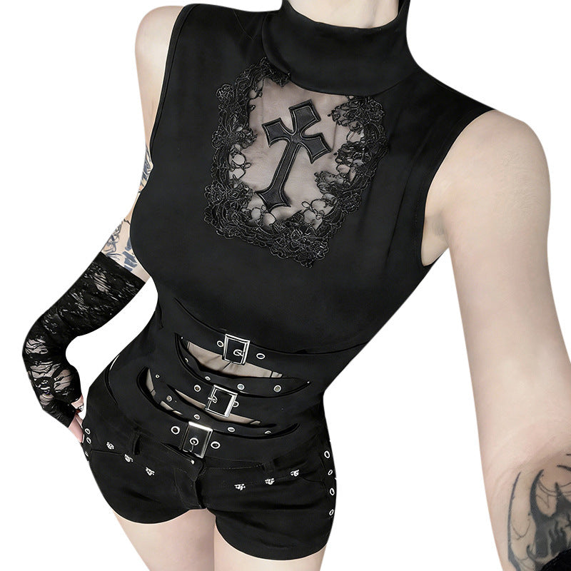 Damen Gothic Body mit dekorativem Spitzen- und Kreuzdesign und tailliertem Schnitt EB