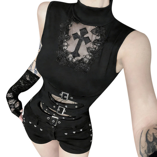 Damen Gothic Body mit dekorativem Spitzen- und Kreuzdesign und tailliertem Schnitt R&B