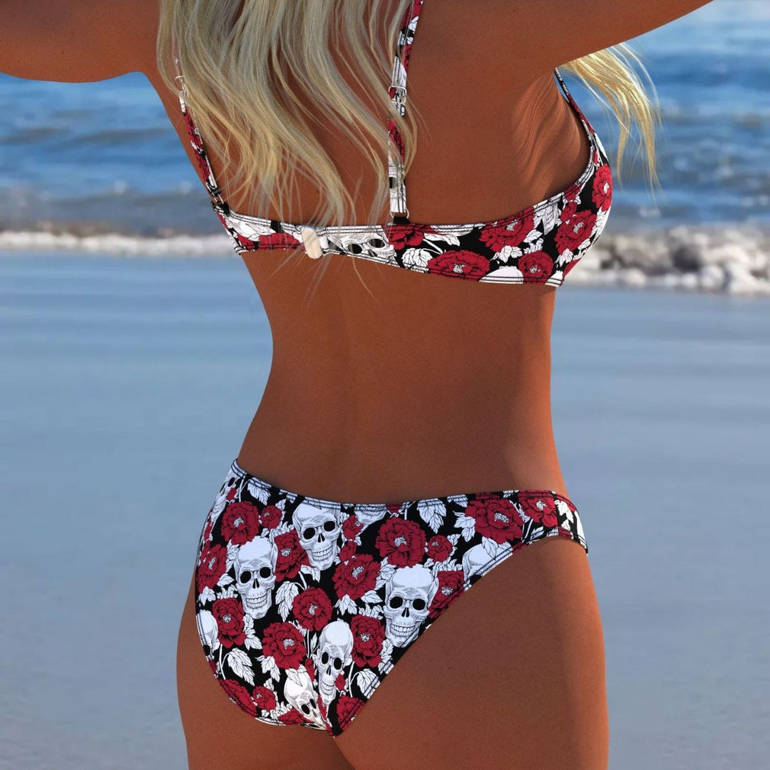 Damen Bikini-Set mit modernem Totenkopf- und Blumenmuster R&B