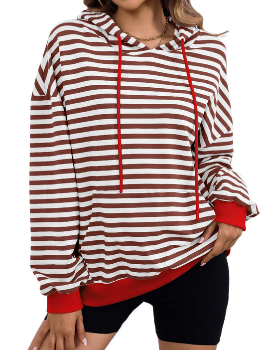 Damen gestreifter Kapuzenpullover mit stylischer Kängurutasche R&B