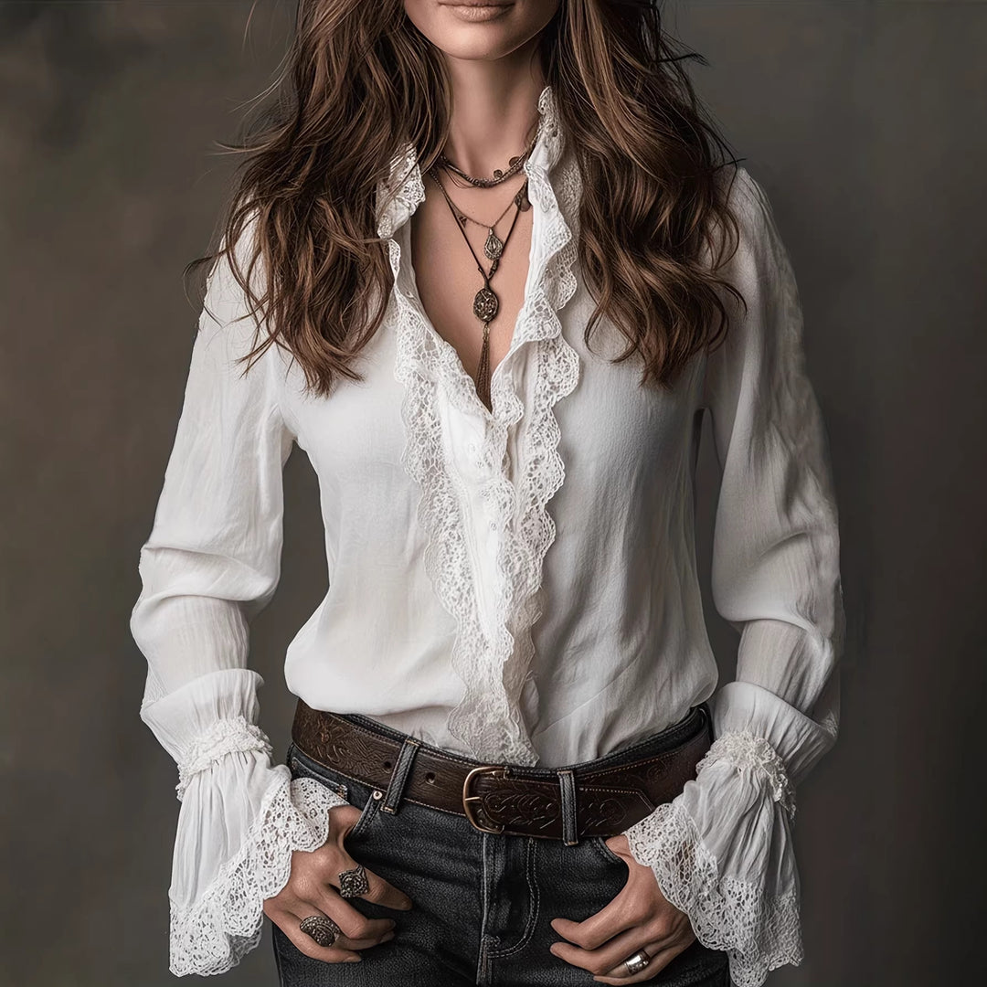 Damen elegante Bluse mit Rüschendetails und Spitzenbesatz R&B
