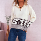 Damen Grobstrickpullover mit floralen Mustern und praktischen Halbarm R&B