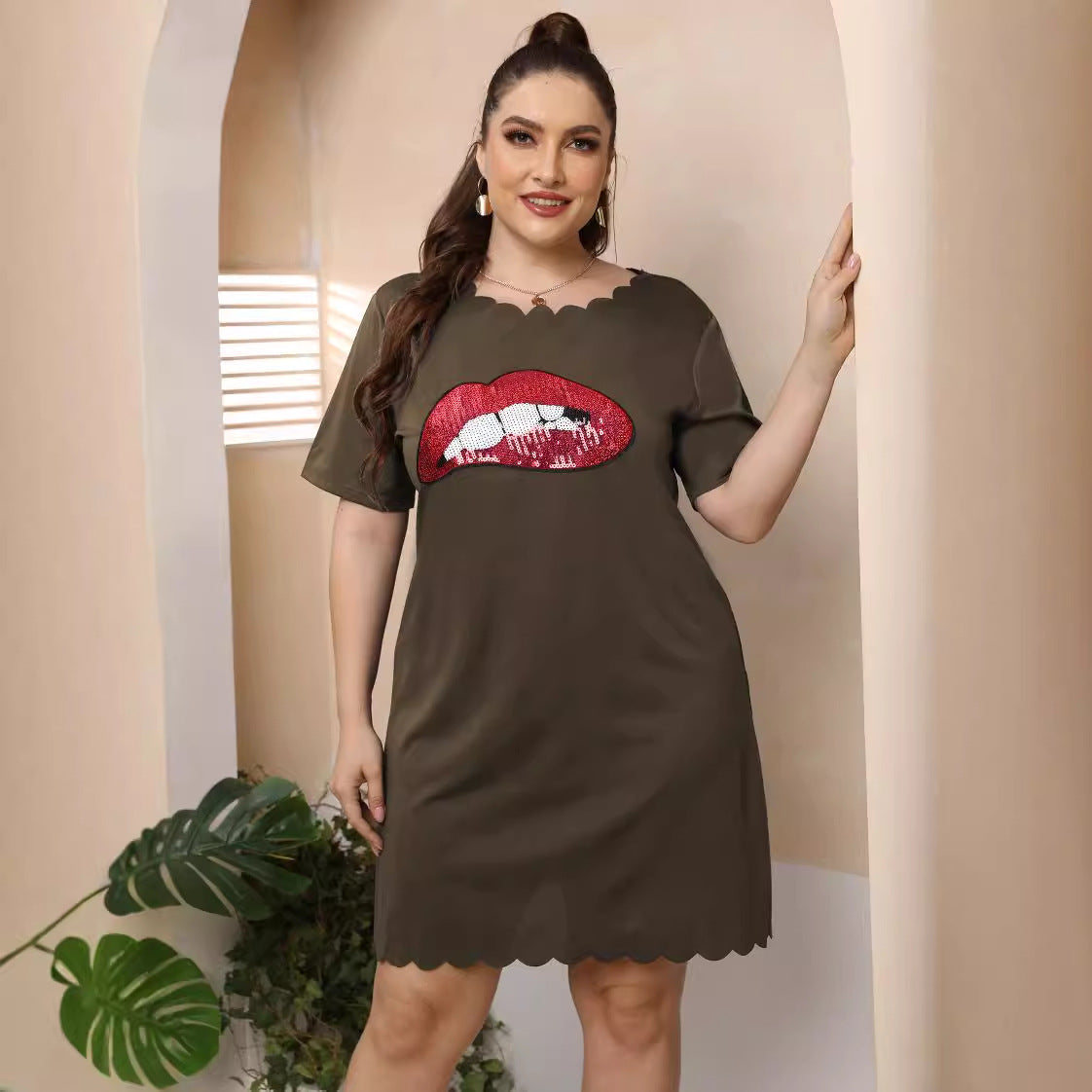 Damen lässiges Freizeitkleid mit verspieltem Lippen-Motiv R&B
