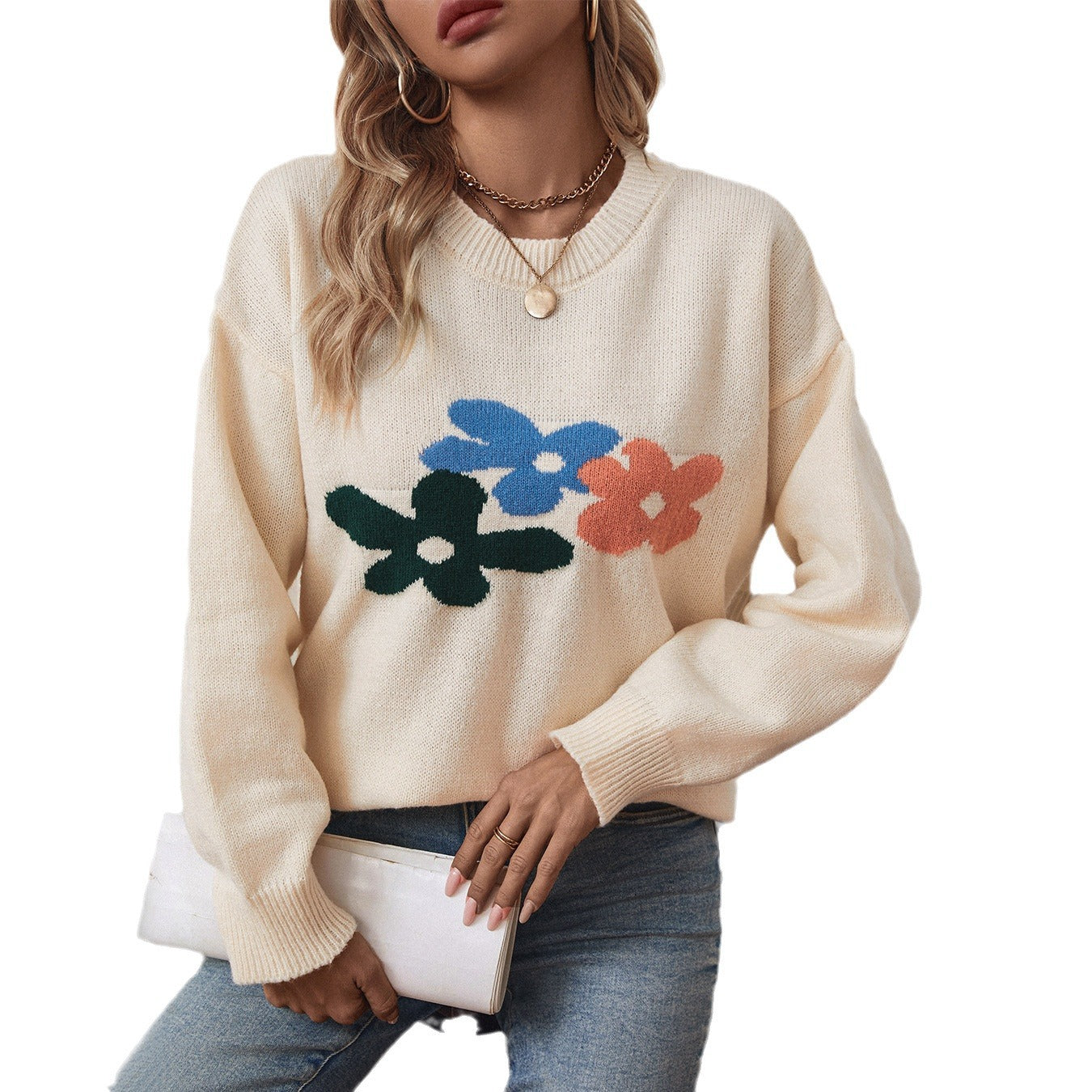 Damen lässiger Pullover mit floralen Motiven und Rundkragen