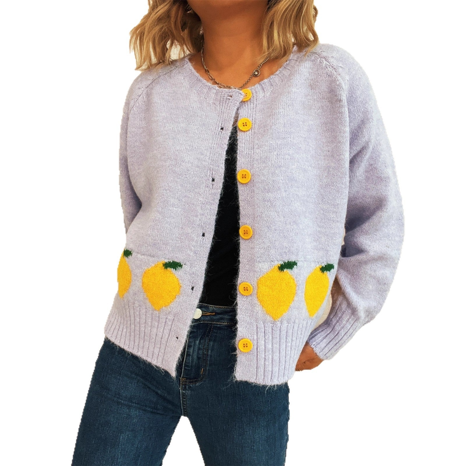 Damen Strickjacke mit fruchtigem Motiv und Knopfdetails R&B