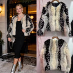 Damen nan kurze Kunstpelzjacke mit kontrastierenden Längsbesätzen und Rundhalsausschnitt R&B