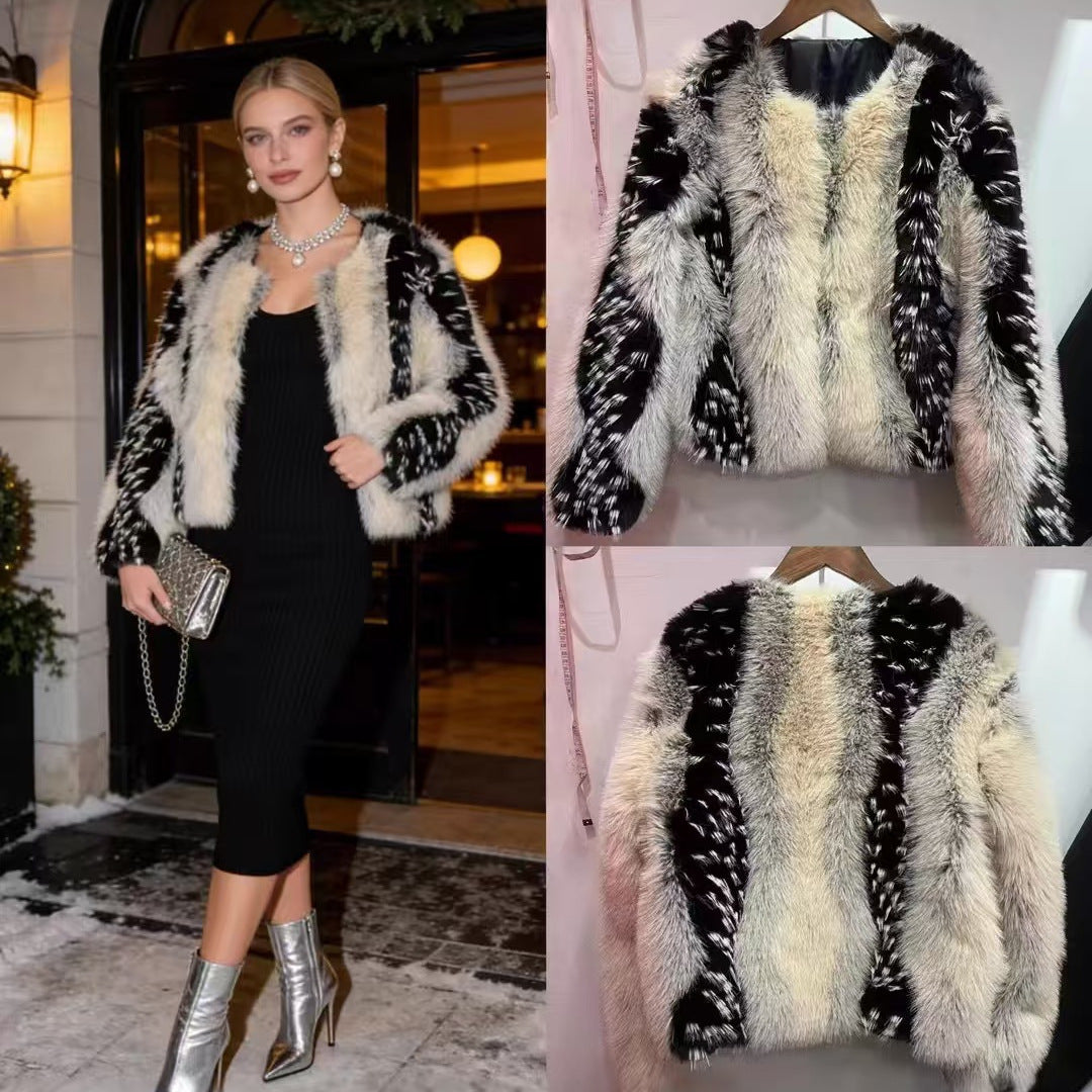 Damen nan kurze Kunstpelzjacke mit kontrastierenden Längsbesätzen und Rundhalsausschnitt R&B