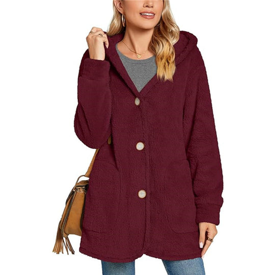 Damen kuschelige Oversized-Jacke mit Kapuze und praktischen Taschen R&B