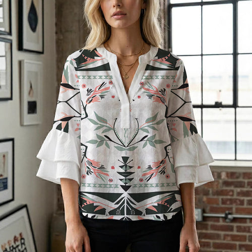 Damen lässige Bluse mit Volantärmeln und botanischem Druck R&B