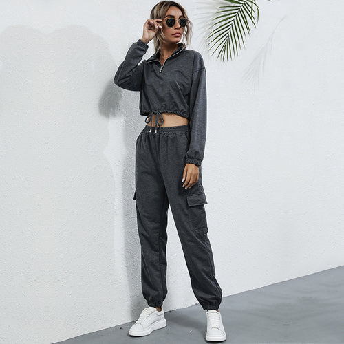 Damen Freizeit-Jumpsuit mit halbem Reißverschluss und praktischen Taschen R&B