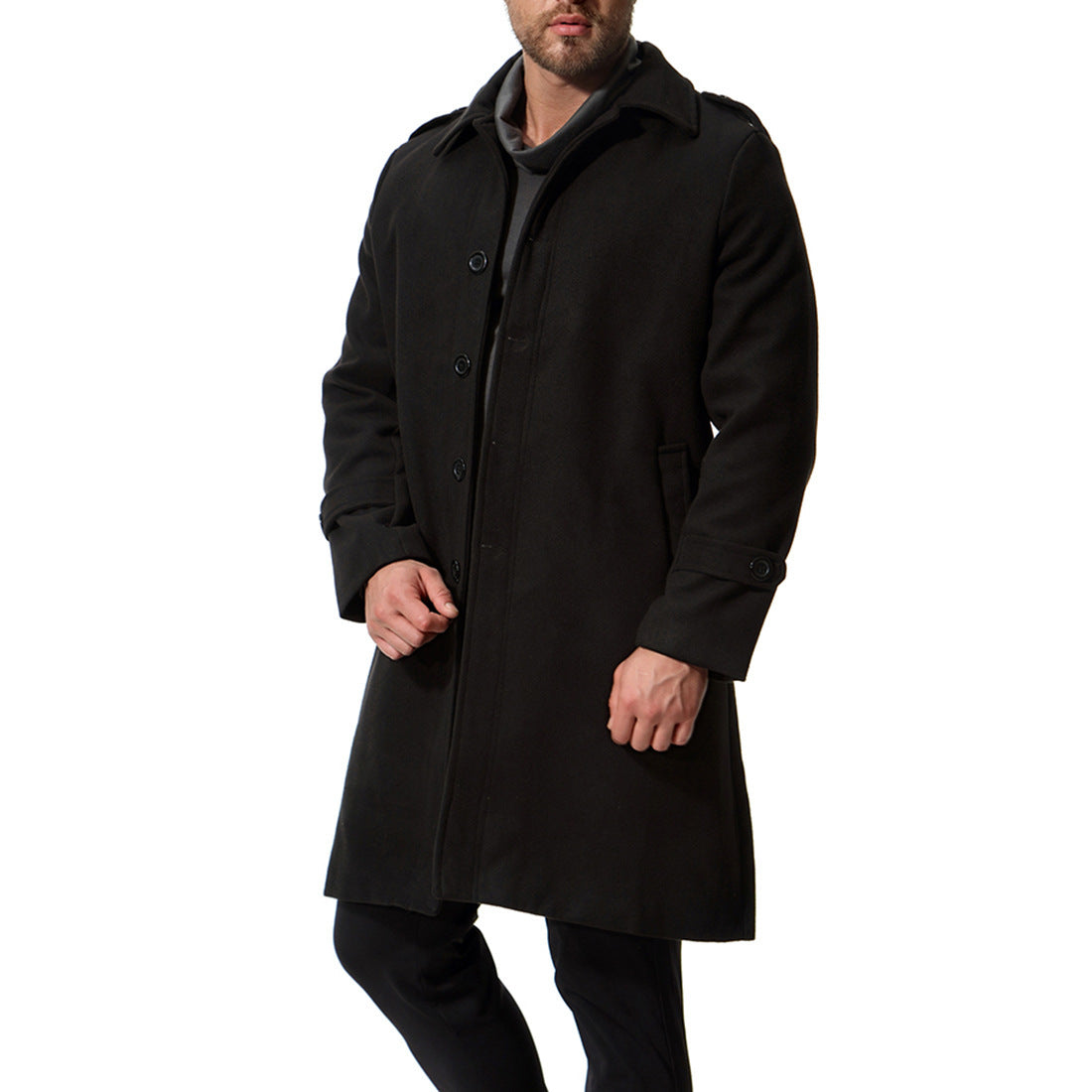 Herren langer Wollmantel mit klassischem Schnitt und praktischen Taschen