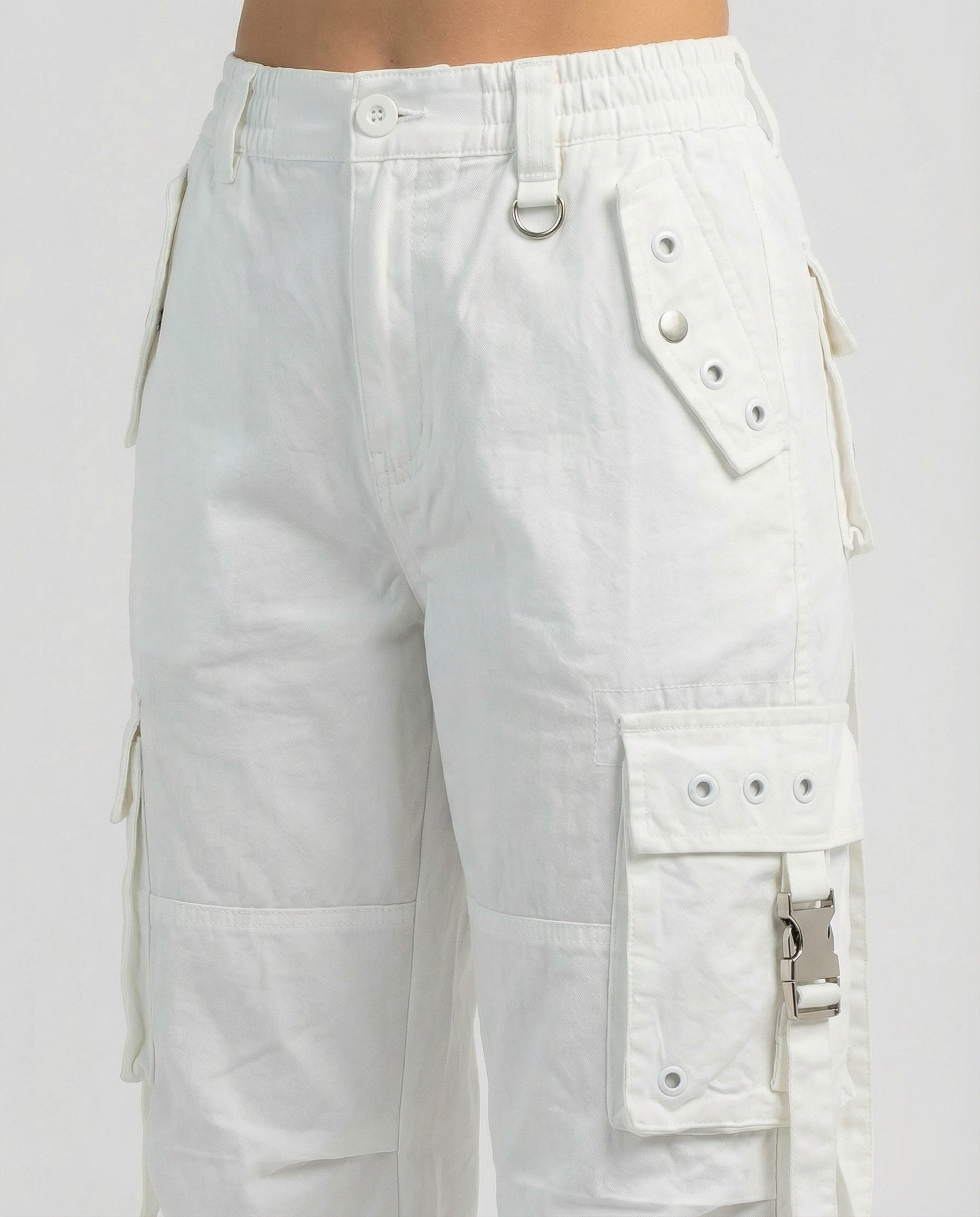 Damen weite Ballon-Cargo-Palazzohose mit seitlichen Klapptaschen Ösen- und Schnallenapplikationen Kordelbund R&B
