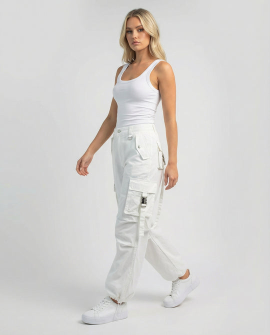 Damen weite Ballon-Cargo-Palazzohose mit seitlichen Klapptaschen Ösen- und Schnallenapplikationen Kordelbund R&B