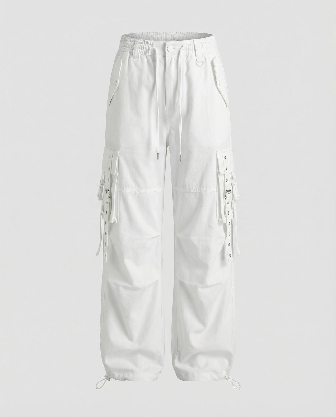 Damen weite Ballon-Cargo-Palazzohose mit seitlichen Klapptaschen Ösen- und Schnallenapplikationen Kordelbund R&B