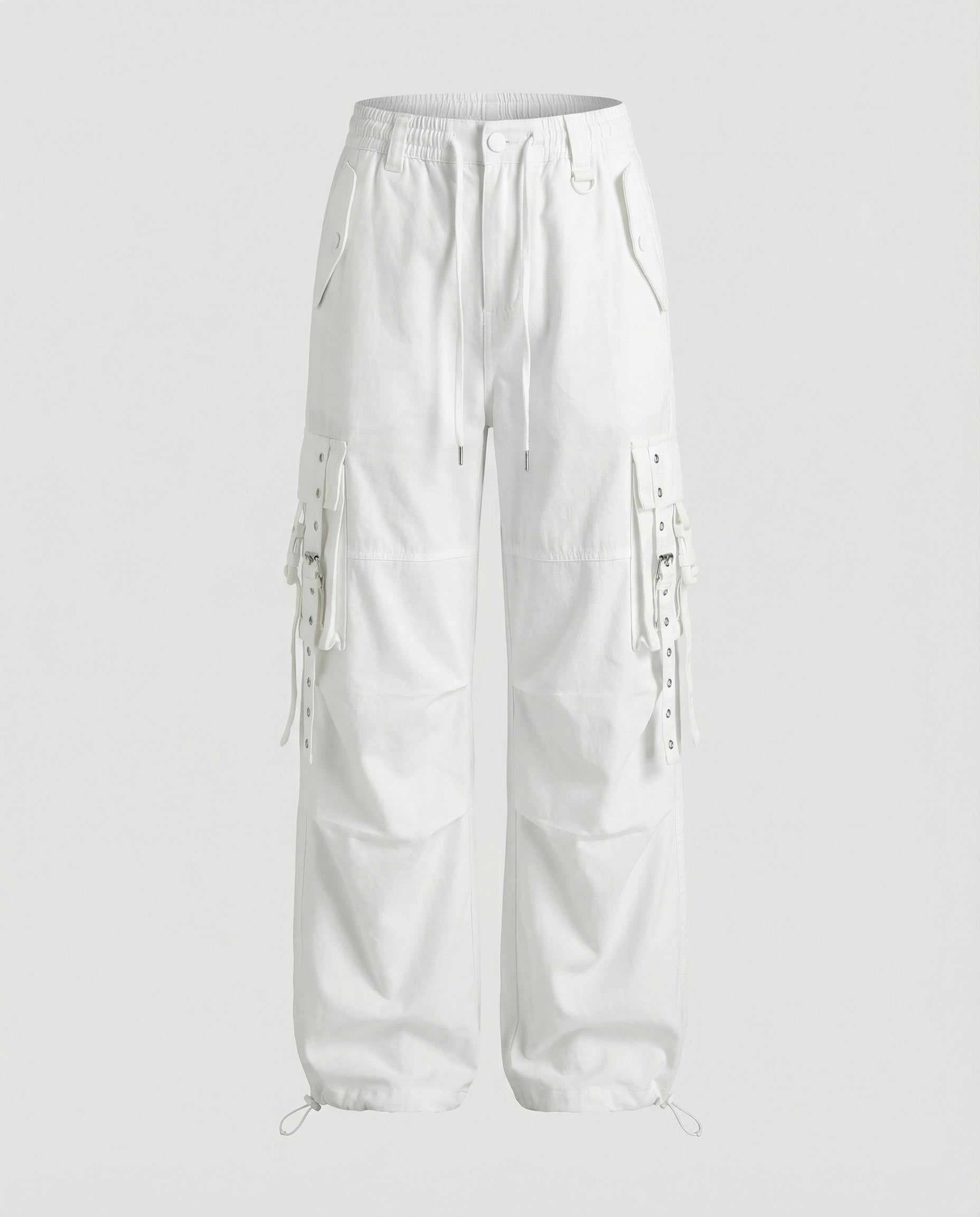 Damen weite Ballon-Cargo-Palazzohose mit seitlichen Klapptaschen Ösen- und Schnallenapplikationen Kordelbund R&B