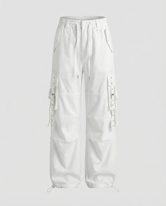 Damen weite Ballon-Cargo-Palazzohose mit seitlichen Klapptaschen Ösen- und Schnallenapplikationen Kordelbund R&B