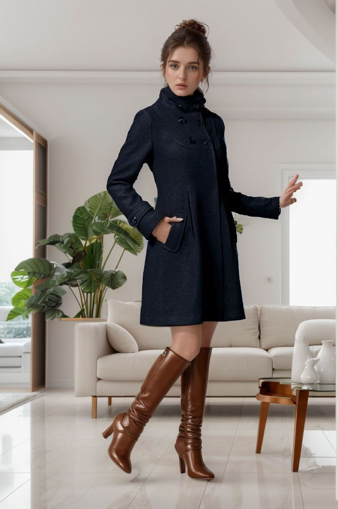 Damen eleganter Kapuzenmantel mit doppelter Knopfreihe und seitlichen Taschen R&B