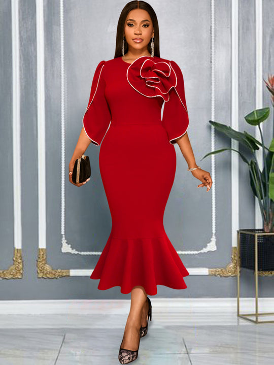 Damen figurbetontes Abendkleid mit Schößchen und voluminösem Rüschendesign R&B
