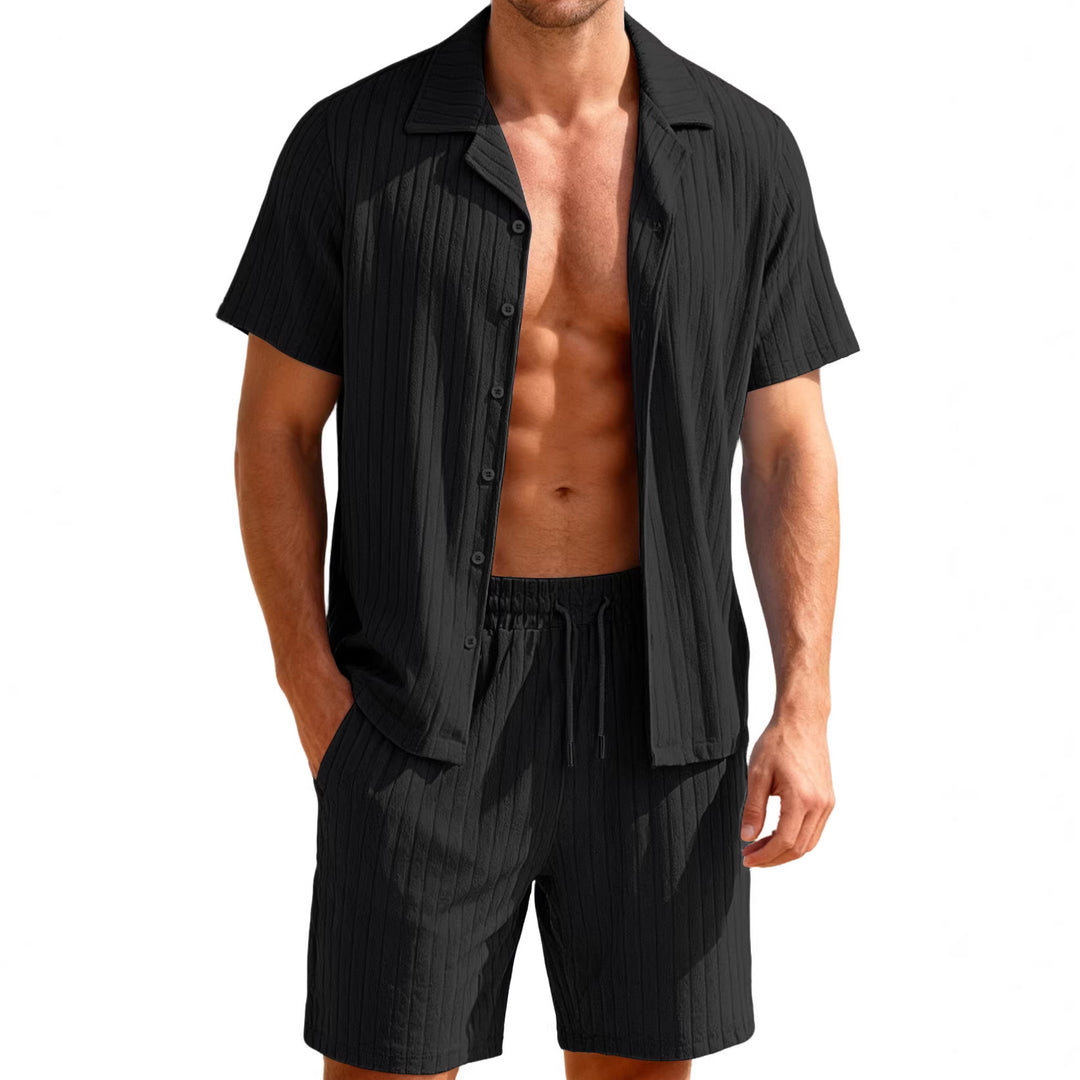 Herren nan geripptes Feinstrick-Lounge-Set mit kurzärmligem Revershemd und Kordelshorts R&B
