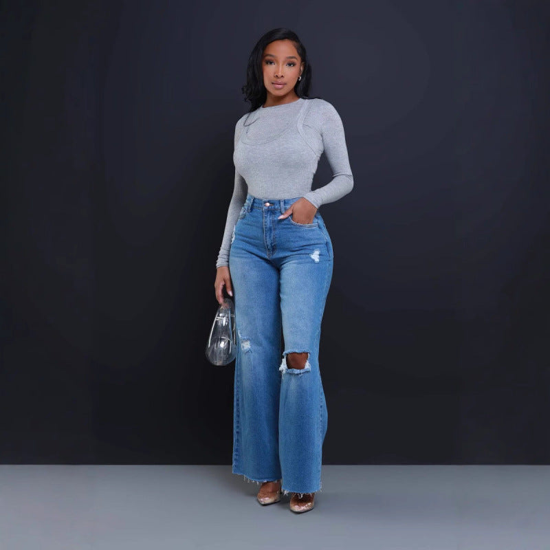 Damen Weit geschnittene Jeans mit stylishen Distressed-Details R&B