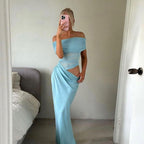 Damen elegantes Off-Shoulder Maxikleid mit figurformendem Wickeldesign R&B