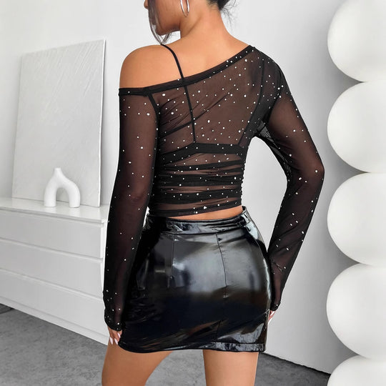Damen Elegante und transparente Bluse mit Glitzersteinen R&B