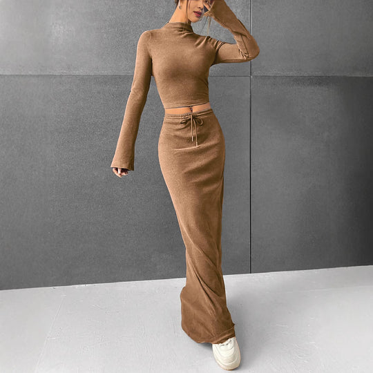Damen Elegantes und komfortables Crop-Top mit langem Ärmel und Maxi-Rock R&B