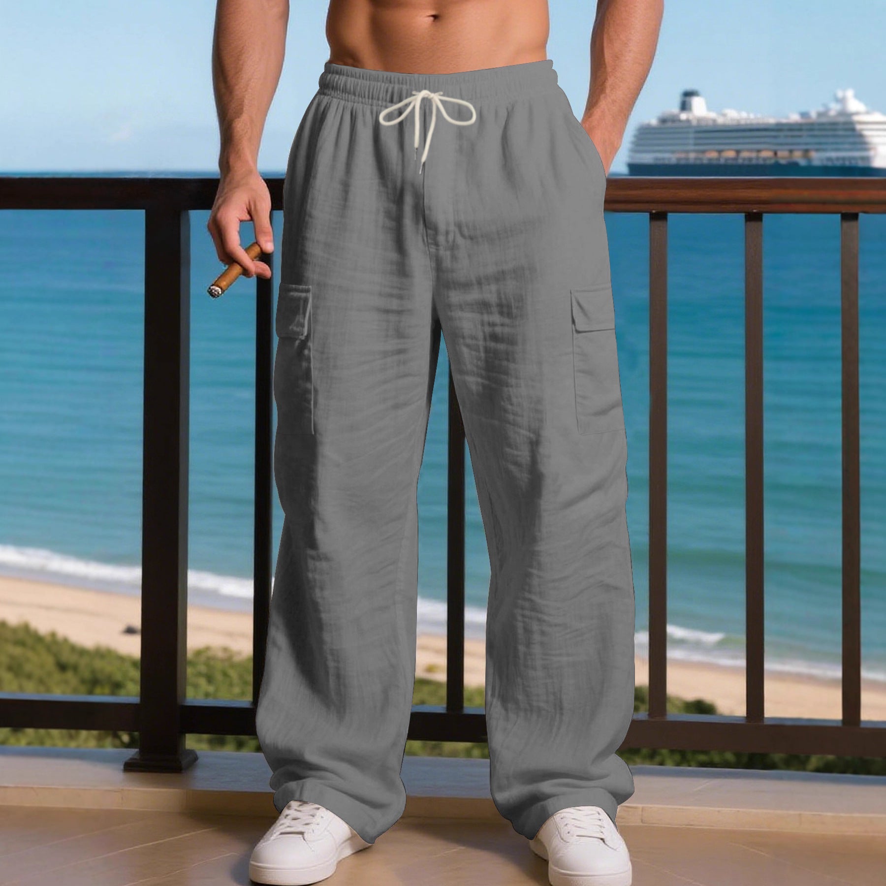 Herren nan weite Leinen-Cargo-Freizeithose mit Tunnelzugbund und seitlichen Pattentaschen R&B