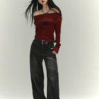 Damen Langarmshirt mit asymmetrischem Ausschnitt und grafischem Druck