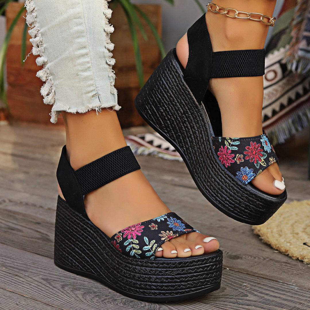 Damen Wedge-Sandalen mit floralem Design und elastischen Riemen R&B