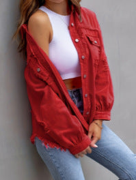 Damen Stylische Overshirt-Jacke mit fransigem Saum R&B