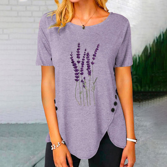 Damen lässiges T-Shirt mit dekorativem Floraldesign und asymmetrischem Saum R&B