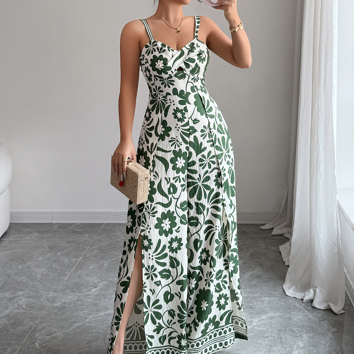 Damen Maxikleid mit tiefem Schlitz und floralem Muster R&B