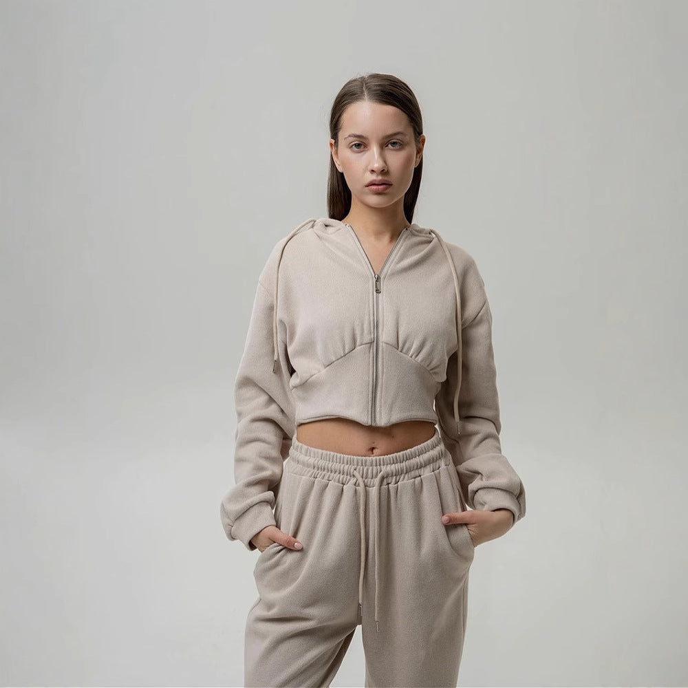 Damen nan zweiteiliges Cropped Hoodie-Set mit weitem Bundhose-Schnitt und tailliertem Reißverschluss R&B