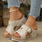 Damen Plattform Sandalen mit dekorativem Riemchen und komfortabler Korksohle EB