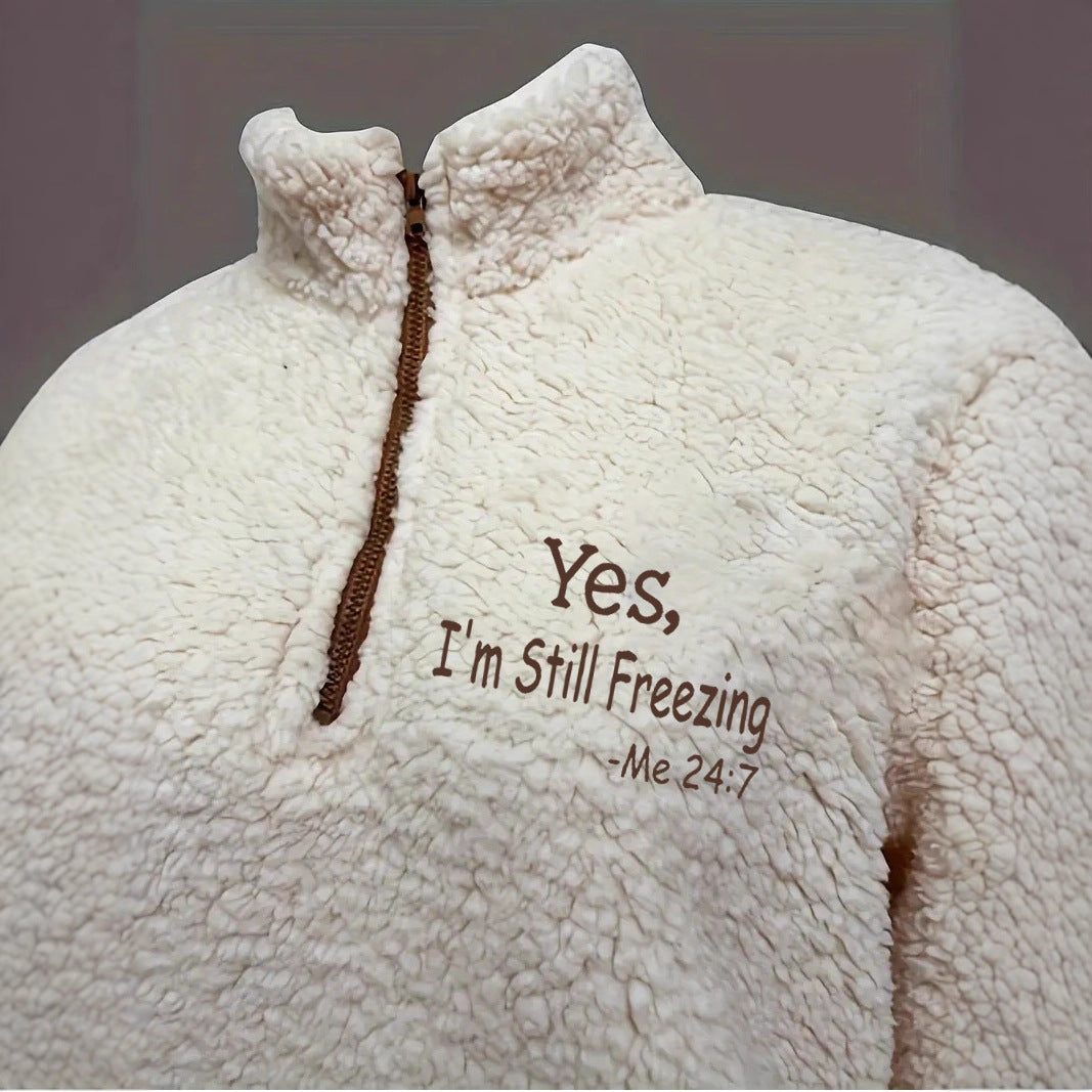 Damen kuscheliger Fleece-Pullover mit kurzem Reißverschluss und originellem Schriftzug R&B
