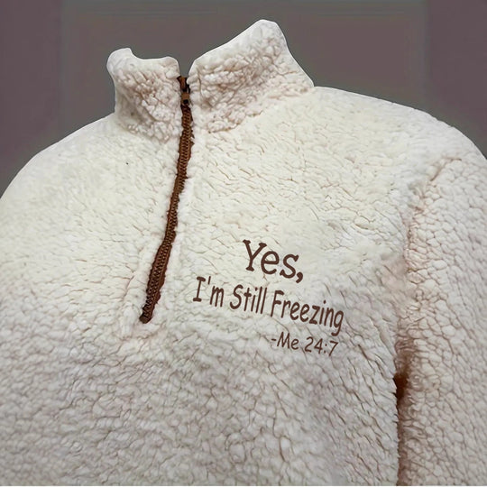 Damen kuscheliger Fleece-Pullover mit kurzem Reißverschluss und originellem Schriftzug R&B