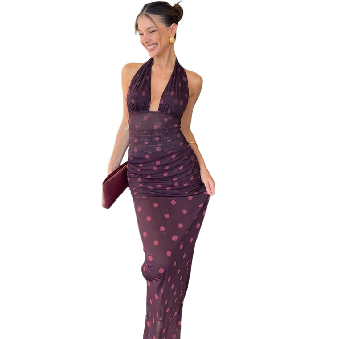 Damen Elegantes Maxikleid im Polka-Dots Design mit tiefem V-Ausschnitt und taillierter Silhouette R&B