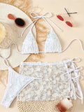 Damen Blumenmuster Triangel-Bikini mit transparentem Überrock