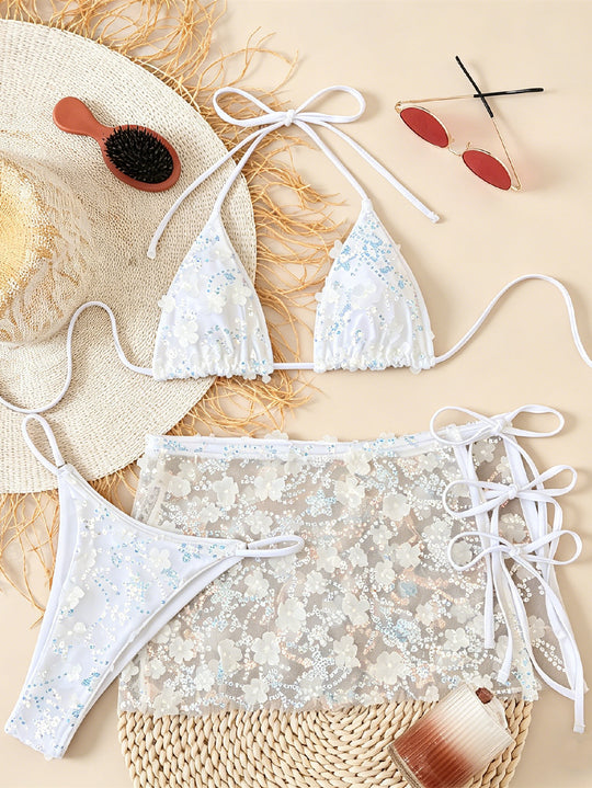 Damen Blumenmuster Triangel-Bikini mit transparentem Überrock R&B