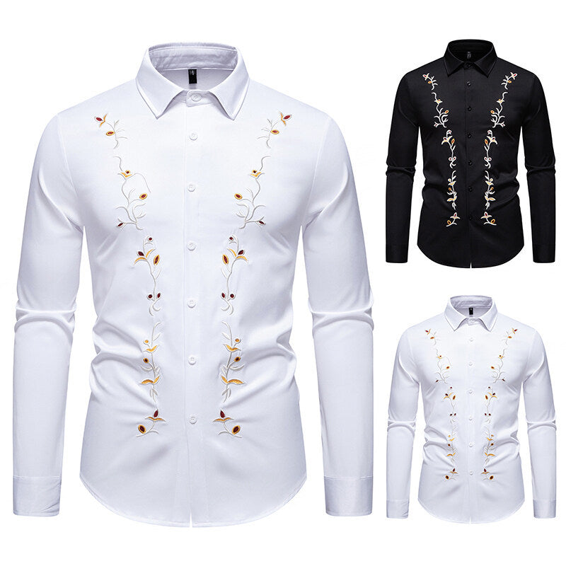 Herren Langarmhemd mit floralen Stickereien