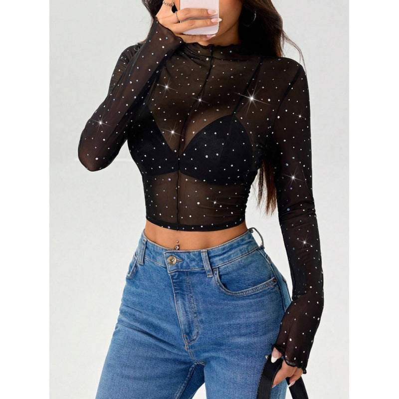 Damen Sexy Crop-Top aus transparentem Netz mit funkelnden Akzenten R&B