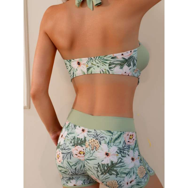 Damen sportliches Bikini-Set mit hohem Bund und floralem Design